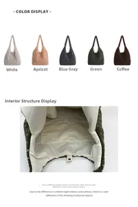 Detail view of plush heart-pattern knit handbags in five colors with internal pocket