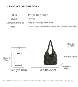 Detailed dimension chart of green plush tote bag with heart texture and size scale