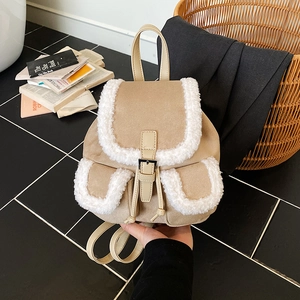 Fashionable beige faux shearling backpack with frosted leather texture and flap buckle