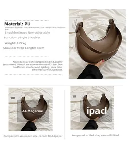 Detailed size chart for dark brown PU crescent shoulder bag with specific measurements