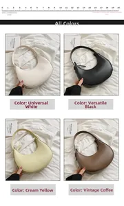 Color options of the minimalist crescent shoulder bag in white, black, yellow and brown