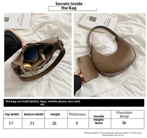 Detailed size chart for the brown crescent shoulder bag showing exact dimensions