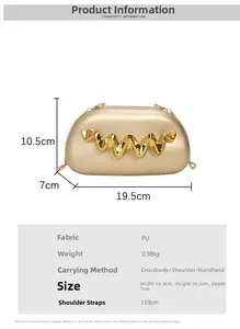 Size chart showing 19.5x10.5x7cm dimensions for gold acrylic evening clutch bag