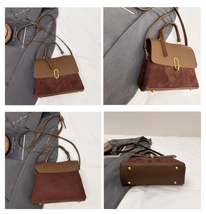 Detail views of retro patchwork square bag with gold buckle and bottom protective studs