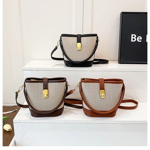 Women Retro Canvas PU Leather Stitching Bucket Bag Contrast Color Golden Lock Adjustable Strap Elegant Daily Shoulder Crossbody Bag