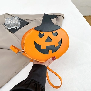 Halloween Pumpkin Crossbody Bag With Witch Hat PU Leather Orange Cute Novelty Theme Party Satchel For Women Girls