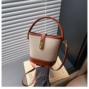 Brown leather and beige canvas bucket bag with gold clasp and detachable strap