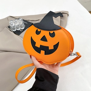 Creative pumpkin shoulder bag with wizard hat for Halloween, trendy orange PU leather handbag