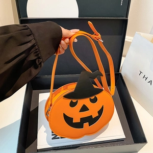 Creative pumpkin-shaped crossbody bag with wizard hat and orange PU leather finish