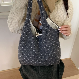 Plush heart pattern tote bag in charcoal grey with snap closure for autumn winter