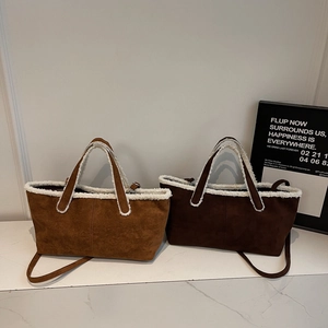 Vintage Suede Tote Bag With Faux Lamb Wool Patchwork Large Capacity Shoulder Crossbody Bag For Women Autumn Winter Casual
