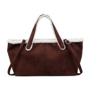 Brown suede tote bag with white faux fur trim and adjustable straps for autumn