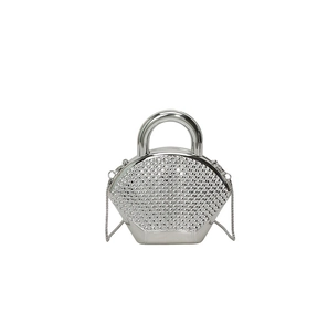 Silver fan-shaped acrylic evening clutch bag with sparkling rhinestones and metal handle
