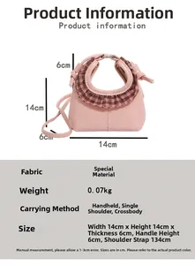 Detailed size chart for pink ruffled mini crossbody bag with 14x14x6cm dimensions