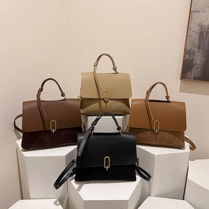 Retro Women Handbag PU Leather Suede Patchwork Structured Shoulder Crossbody Bag Golden Metal Buckle Top Handle Vintage