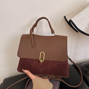 Vintage patchwork leather shoulder bag with gold metal buckle for women