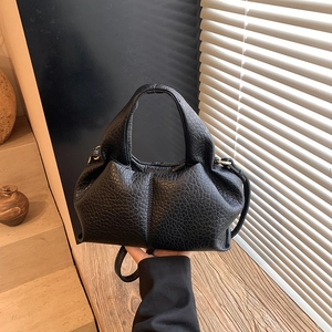 Chic black lychee texture leather pleated shoulder bag with gold hardware and top handle