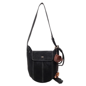 Vintage matte black crossbody bucket bag with contrast stitching and tassel charm
