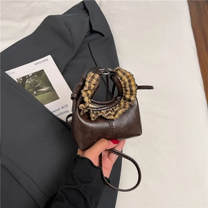 Mini vintage brown leather handbag with yellow plaid ruffle handle and shoulder strap
