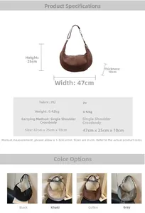 Detailed size chart and four-color display of this large capacity PU leather hobo bag