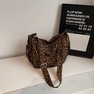 Vintage leopard print canvas hobo bag with adjustable wide shoulder strap for women