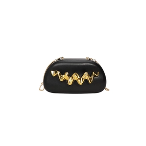 Minimalist black evening bag with gold wave metallic ornament and chain strap
