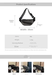 Detailed size specifications and color comparison for rhinestone fanny packs and chest bags