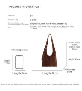 Detailed size chart of dark brown suede shoulder bag with dimensions and strap length