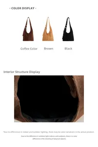 Internal view and multi-color options of retro suede shoulder bags in coffee and black