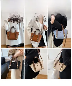 Various colors of stylish tote bags shown on models for versatile crossbody or shoulder wear
