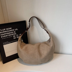 Minimalist large khaki suede hobo bag with adjustable strap for daily commute