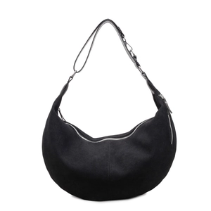 Large black hobo shoulder bag in premium suede with adjustable strap and silver zipper