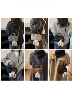 Collage of chic crossbody pillow bags in various colors styled with autumn outfits