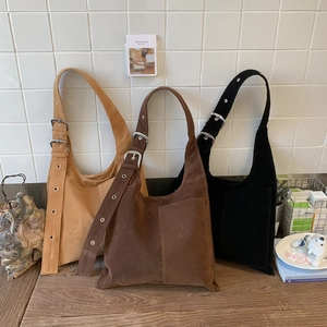 Large Suede Hobo Bag Wide Shoulder Strap Metal Eyelet Buckle Retro Casual Underarm Shoulder Bag For Women