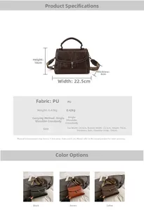 Detailed spec sheet showing size 22.5cm width and wide geometric strap of crossbody bag