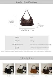 Detailed size guide and specifications for the vintage faux suede large hobo shoulder bag