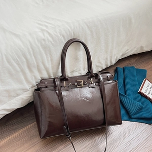 Large capacity dark brown patent leather tote bag with vintage metal buckles and straps