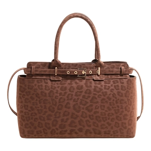 Large leopard print tote bag with brown faux suede texture and gold metal buckle detail