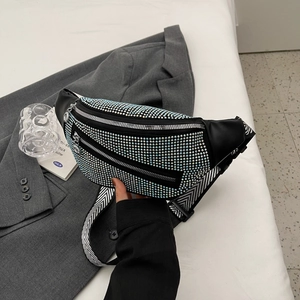 Sparkling rhinestone crossbody waist bag with black leather and chevron wide strap