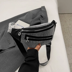 Chic black rhinestone waist bag with stylish chevron wide strap and silver crystals