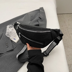Chic black rhinestone waist bag with wide herringbone strap for women, 2025 trendy style