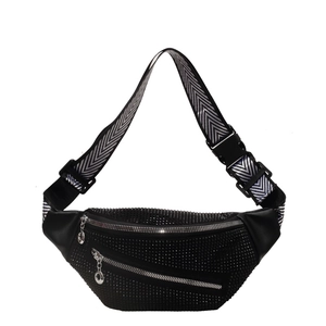 Fashionable black rhinestone waist bag with wide woven strap and multi-zipper design