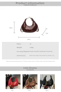 Detailed size chart and color options for the vintage PU leather crescent handbag