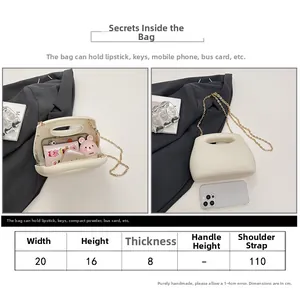 Detailed size chart and inner capacity of the cream acrylic chain shoulder evening bag