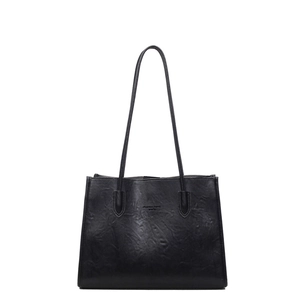 Vintage black PU leather tote bag with pleated texture and stylish long shoulder straps
