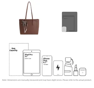 Brown leather tote bag capacity view showing iPad, phone, power bank and cosmetics inside