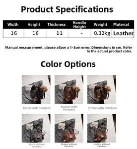 Detailed size guide for leopard print faux suede bucket bag with color options and dimensions
