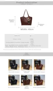 Detailed size chart and multi-color view of a large vintage PU leather tote bag