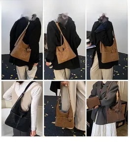 Collage of model wearing a vintage hobo bag in black, brown and coffee leather