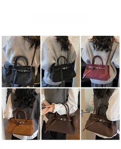 Collage of multi-color matte leather tote bags shown in various crossbody wearing styles